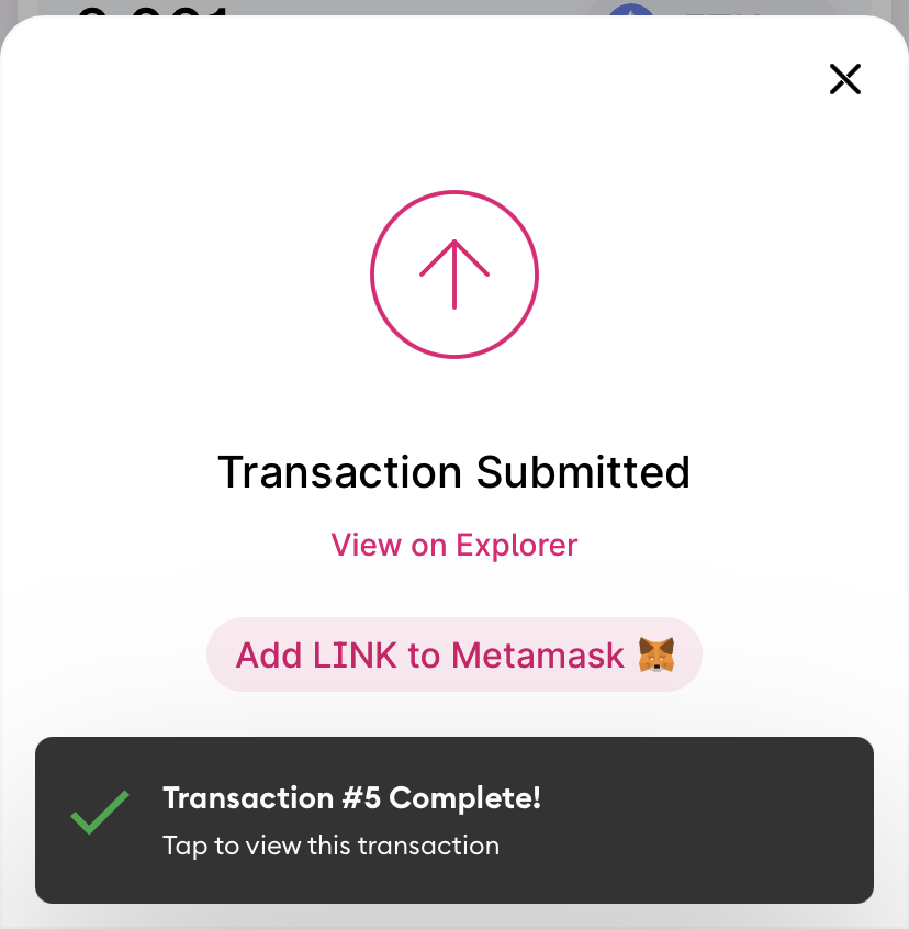Transaction submitted and complete screen. 