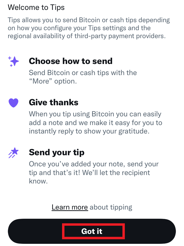 "Got it" button highlighted to accept proceeding with Tips.