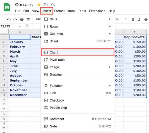 Insert a chart in Google Sheets