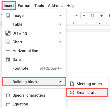 Email Draft in the Insert menu for Building Blocks