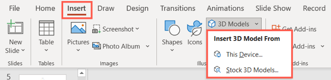 Options for inserting a 3D image in PowerPoint