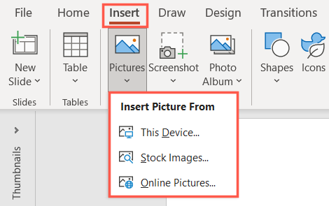 Insert, Picture options in PowerPoint