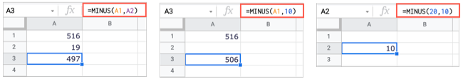 MINUS function in Google Sheets