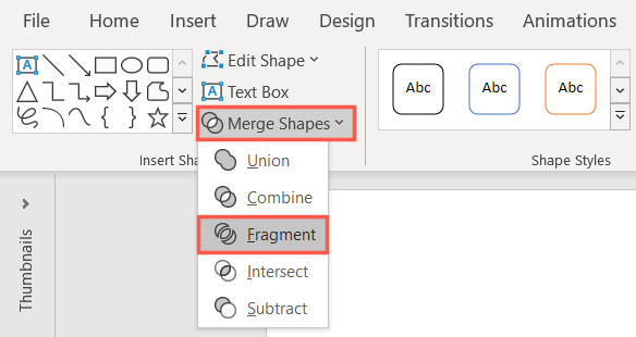 Fragment in the Merge Shapes drop-down list