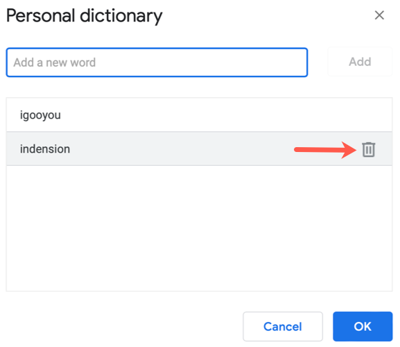 Remove a word from the personal dictionary