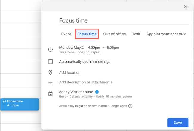 Schedule Focus Time in Google Calendar