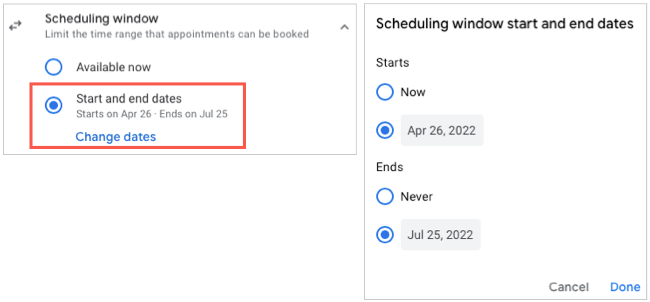 Allow scheduling during certain dates