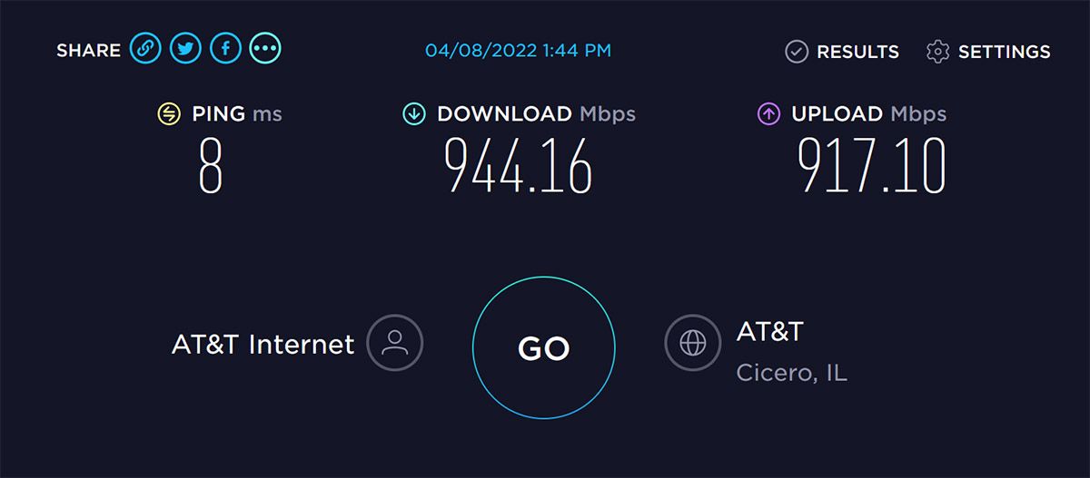 An example of a speed test conducted using a wired Ethernet connection and a desktop computer.
