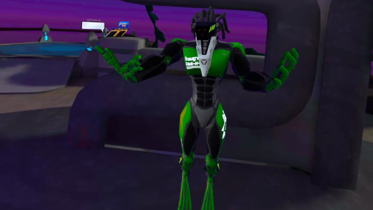 A VRChat Avatar of a green robot seen in the mirror.