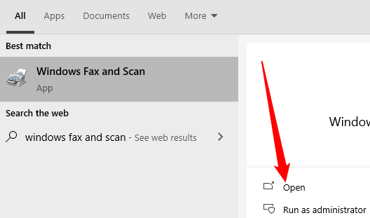 Search "Windows Fax and Scan" in the Start menu, then hit Enter or click "Open."