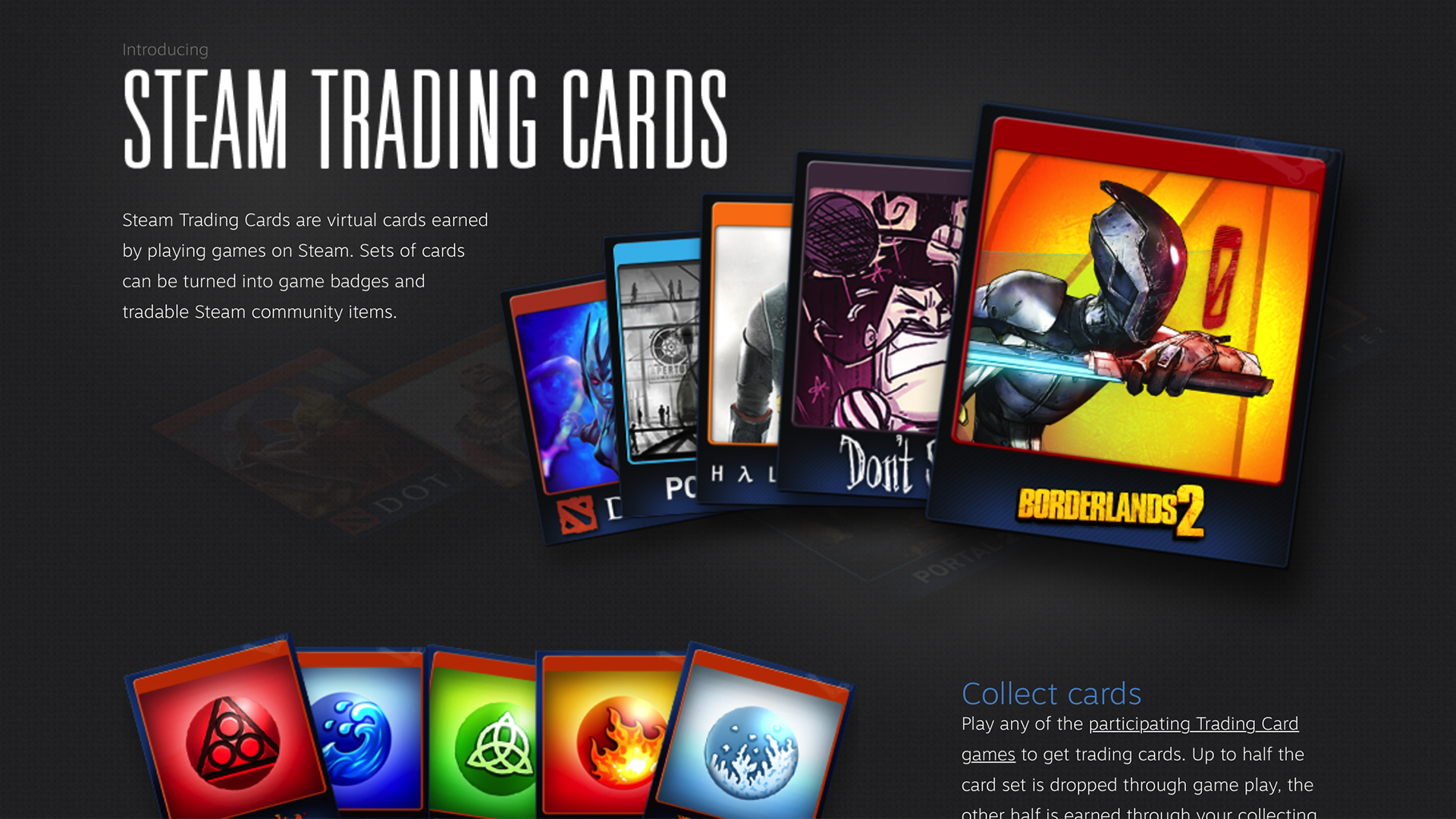 A banner advertising Steam trading cards.