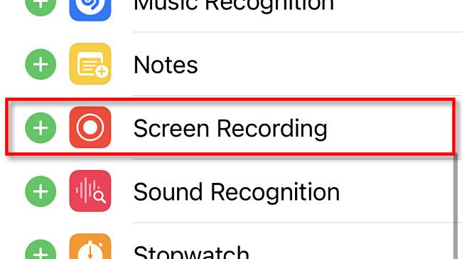 In Control Center settings, tap "Screen Recording" to add it to the "Included Controls" list.