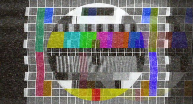 A CRT TV test card with noise, static, and grain.