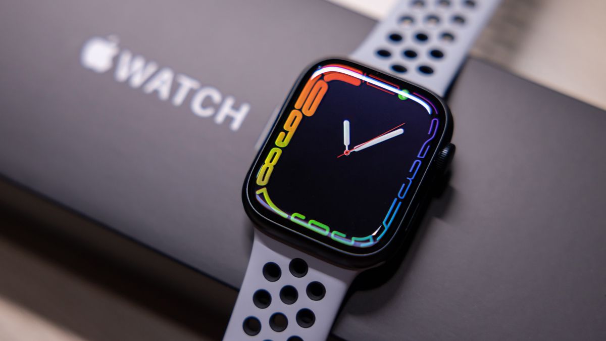 Closeup of the Apple Watch Series 7 Nike edition.