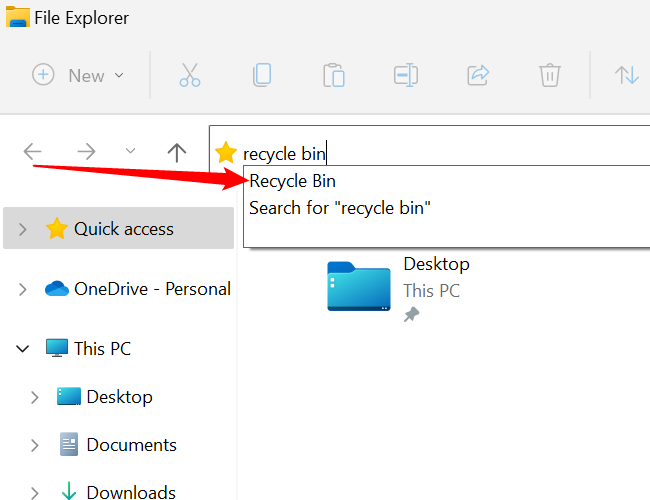 Type "recycle bin" into the address bar, then click "Recycle Bin."