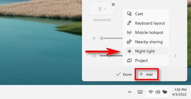 In Windows 11 Quick Settings, click "Add," then select "Night Light."