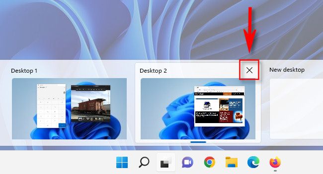 Click the "X" on a virtual desktop thumbail to close the virtual desktop in Windows 11.
