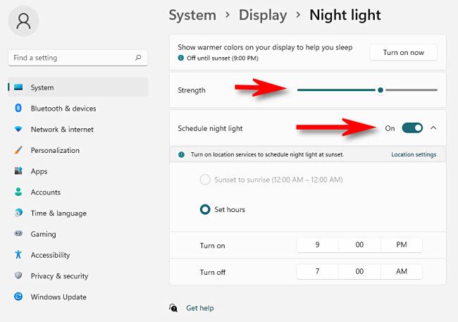 Changing Night Light options in Windows Settings.