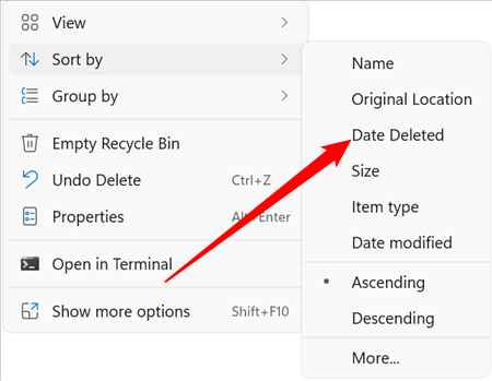 Right-click, go to "Sort By," and then click "Date Deleted."