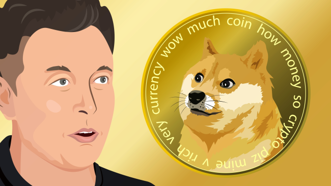An illustration of Elon Musk next to a doge coin.