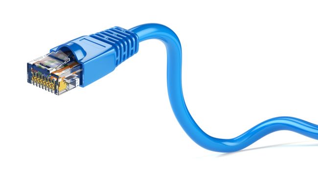 Closeup of an Ethernet cable's RJ45 connector.