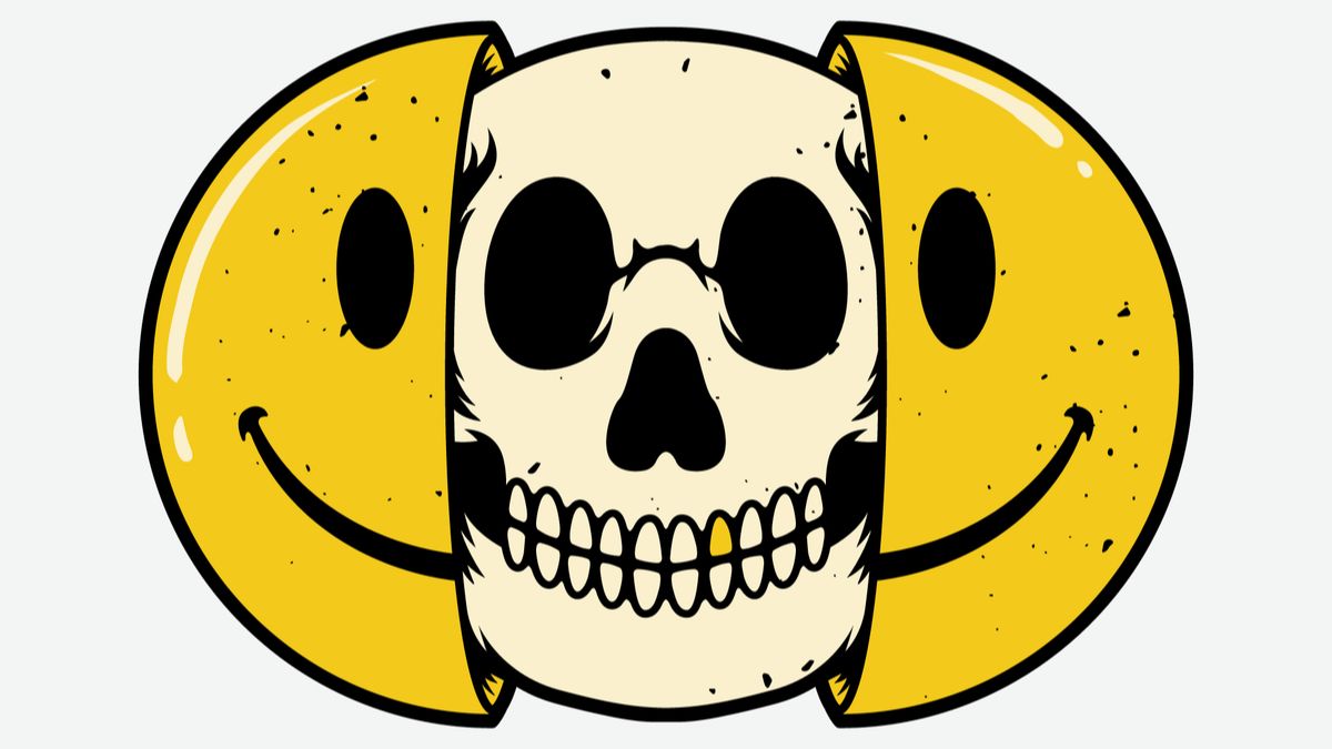 A smile emoji splitting open to reveal a skull emoji inside.