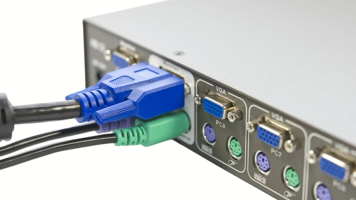 Closeup of a KVM switch with VGA connections.