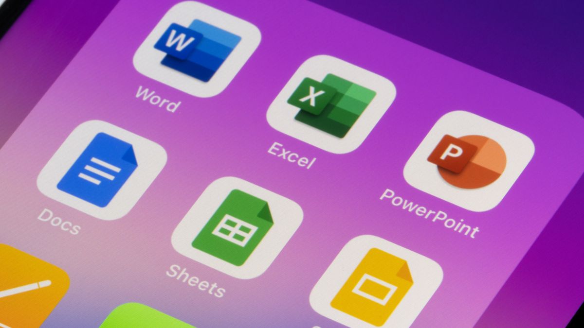 Closeup of a smartphone's screen showing Microsoft Office apps next to Google apps.