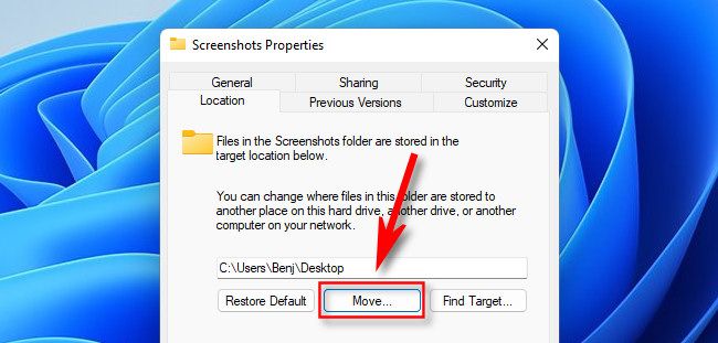 Click "Move" to select a new screenshots folder.
