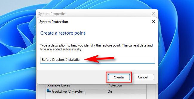 Type a system restore point name and click "Create."