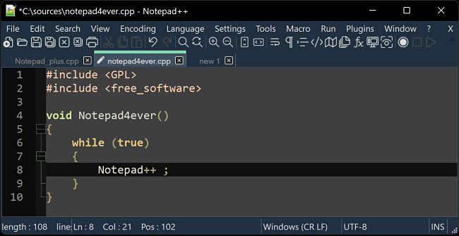 A screenshot of Notepad++ for Windows