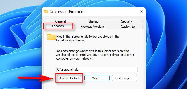 In Screenshot Properties, click the "Location" tab and select "Restore Default."