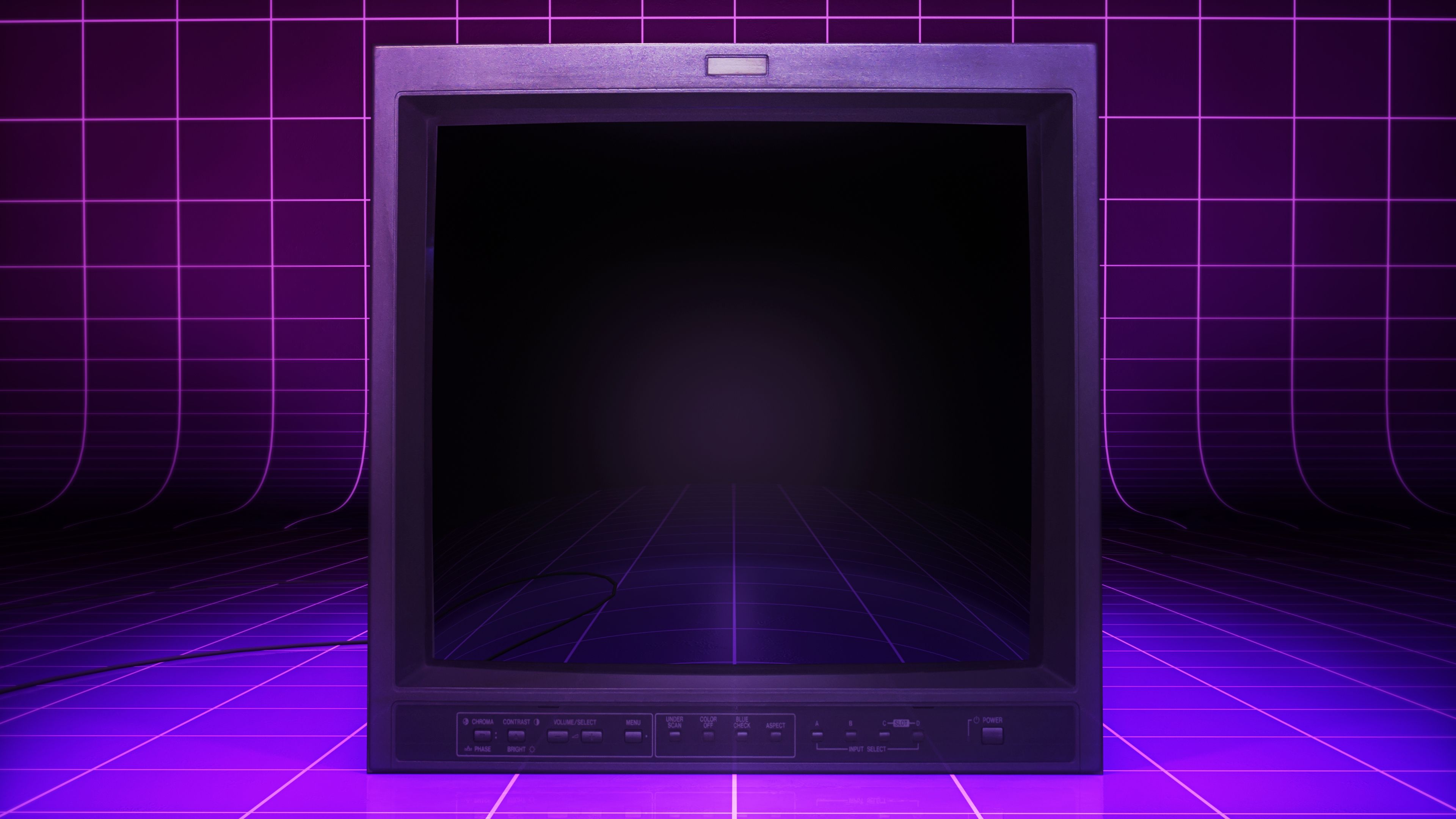 A vintage CRT monitor with a purple retro arcade grid background.