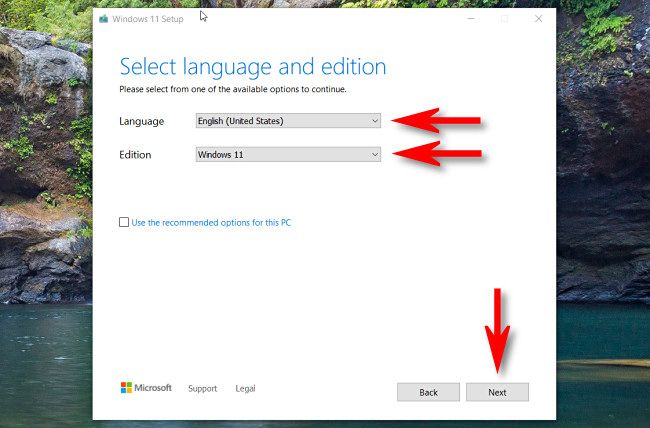 Select language and edition, then click "Next."