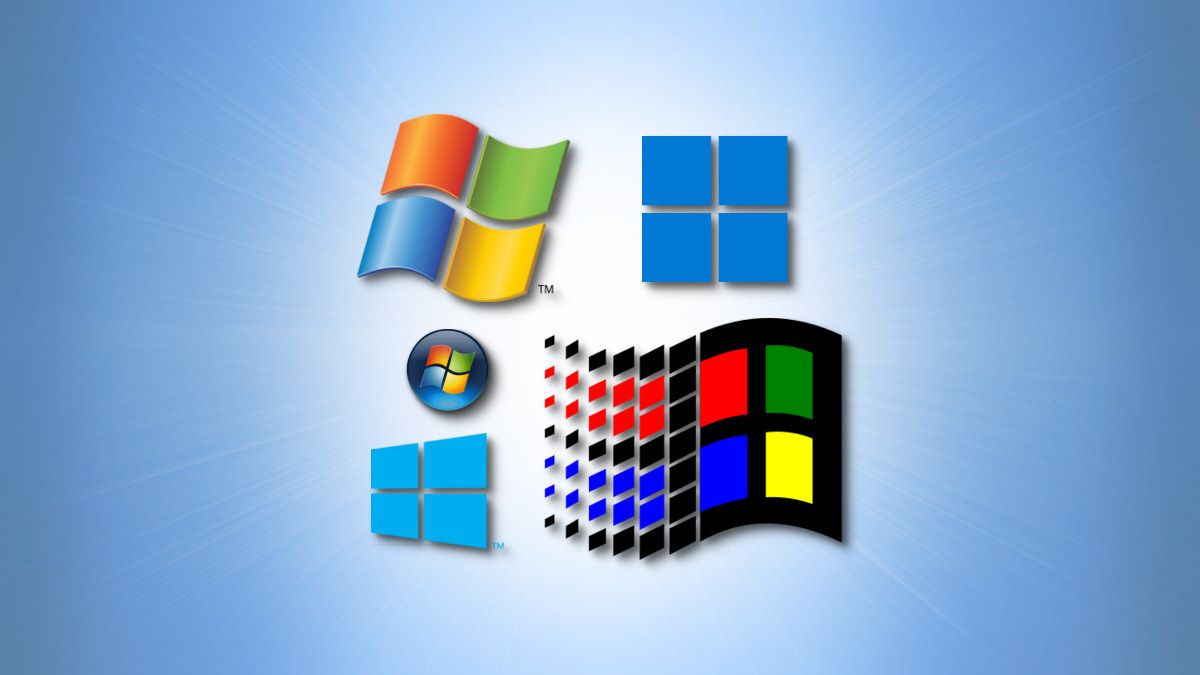 Five historical Microsoft Windows logos on a blue background