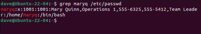 Looking at the entry in /etc/passwd for the new user, with grep
