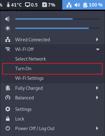 System menu with the Wi-Fi options expanded