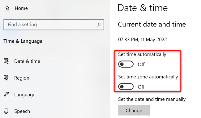Disable automatic time and time zone options.