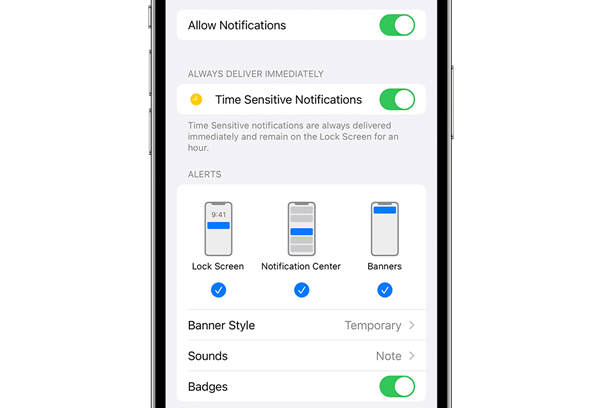 iPhone notification settings.