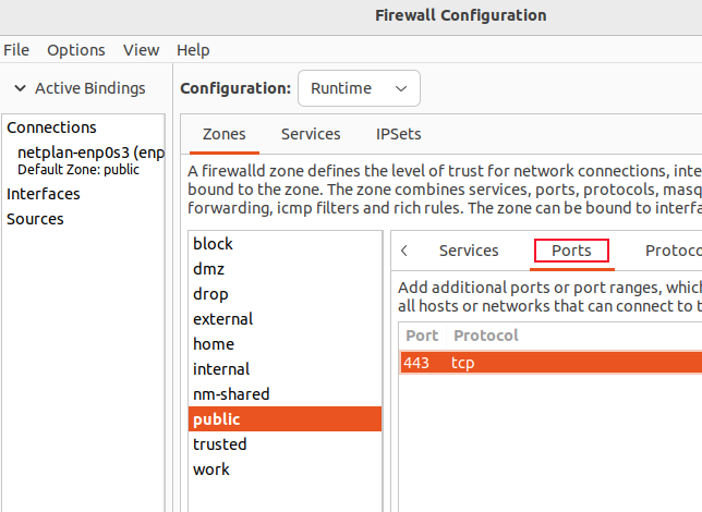 Adding a port and procol pairing using the firewall-config GUI