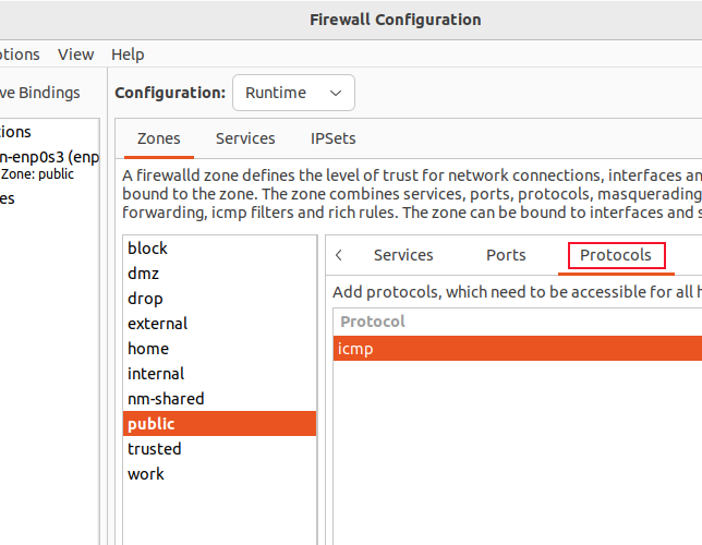 A protocol in the public zone, in the firewall-config GUI