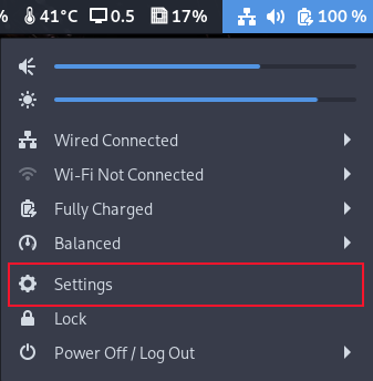 System menu with the Settings option highlgihted