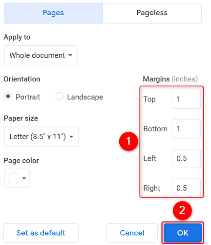 Specify the margins and select "OK."