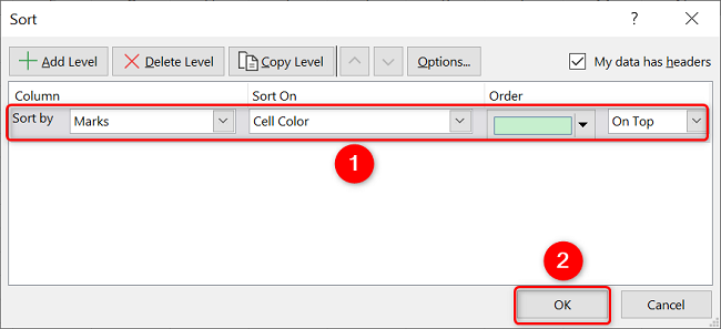 Sort data by color in Excel.