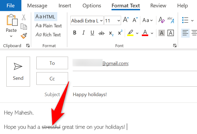 Single strikethrough applied to text in Outlook on desktop.
