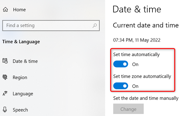 Activate the automatic time and time zone options.