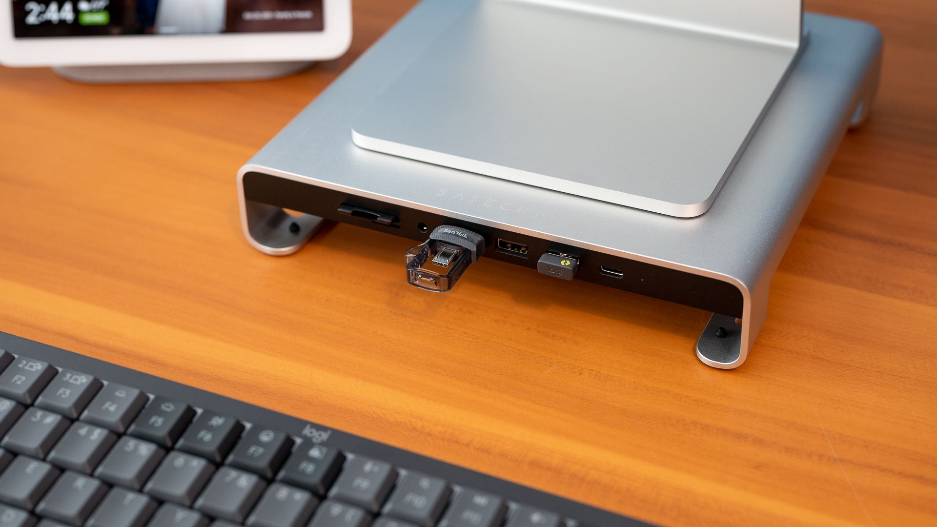 Satechi Type-C Monitor Stand Hub with USB drives plugged into it