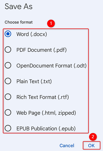 Select a file format and hit "OK."