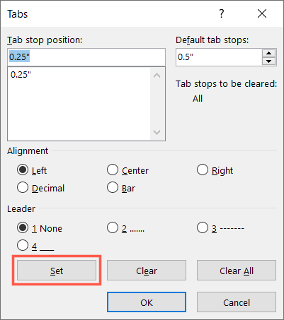 Add a tab stop in the settings