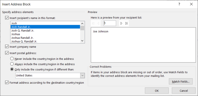 Address block format options
